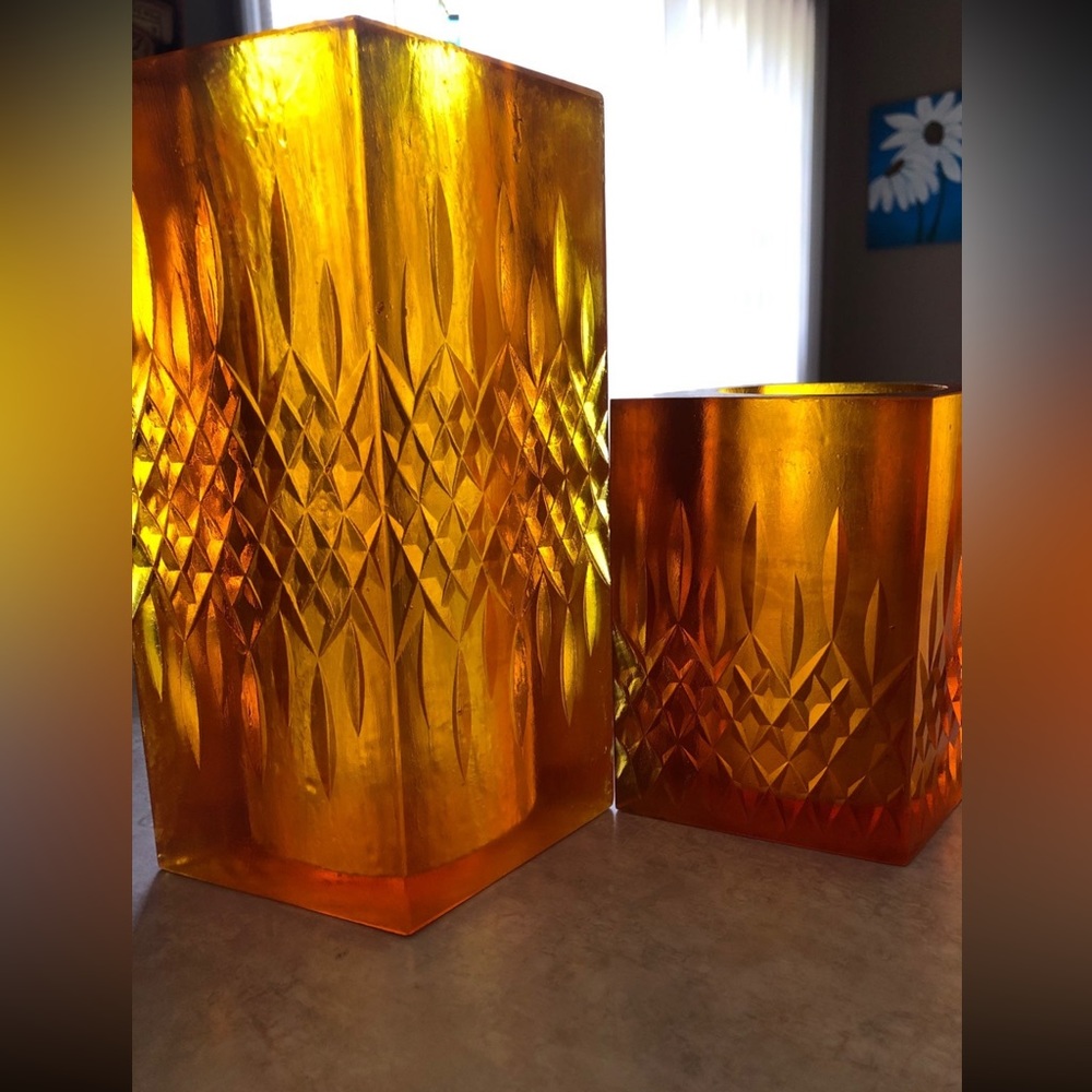 Sascha Brastoff MCM resin Amber diamond candle holders